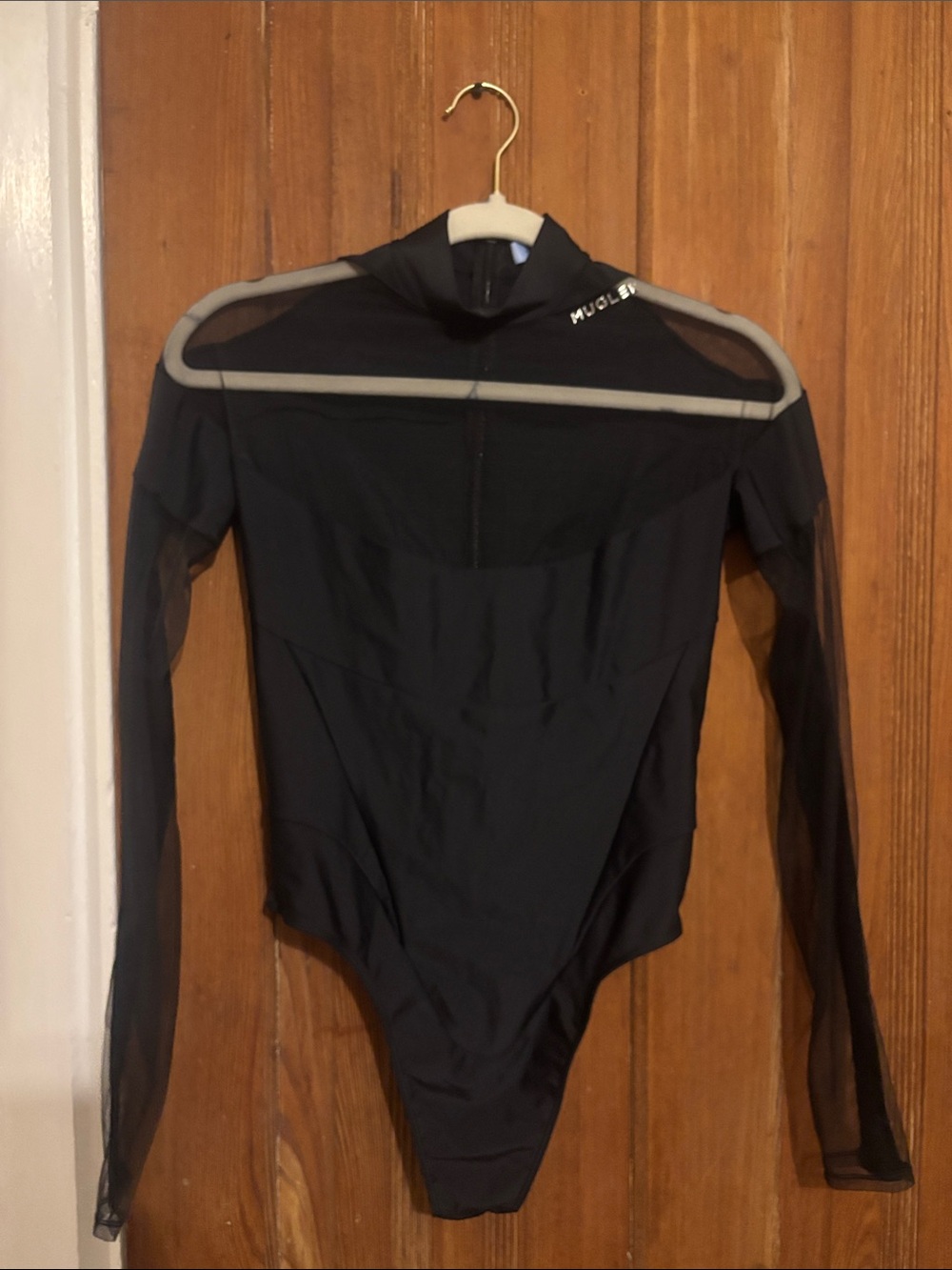 Mugler Black Sheer-Panel Long Sleeve Bodysuit